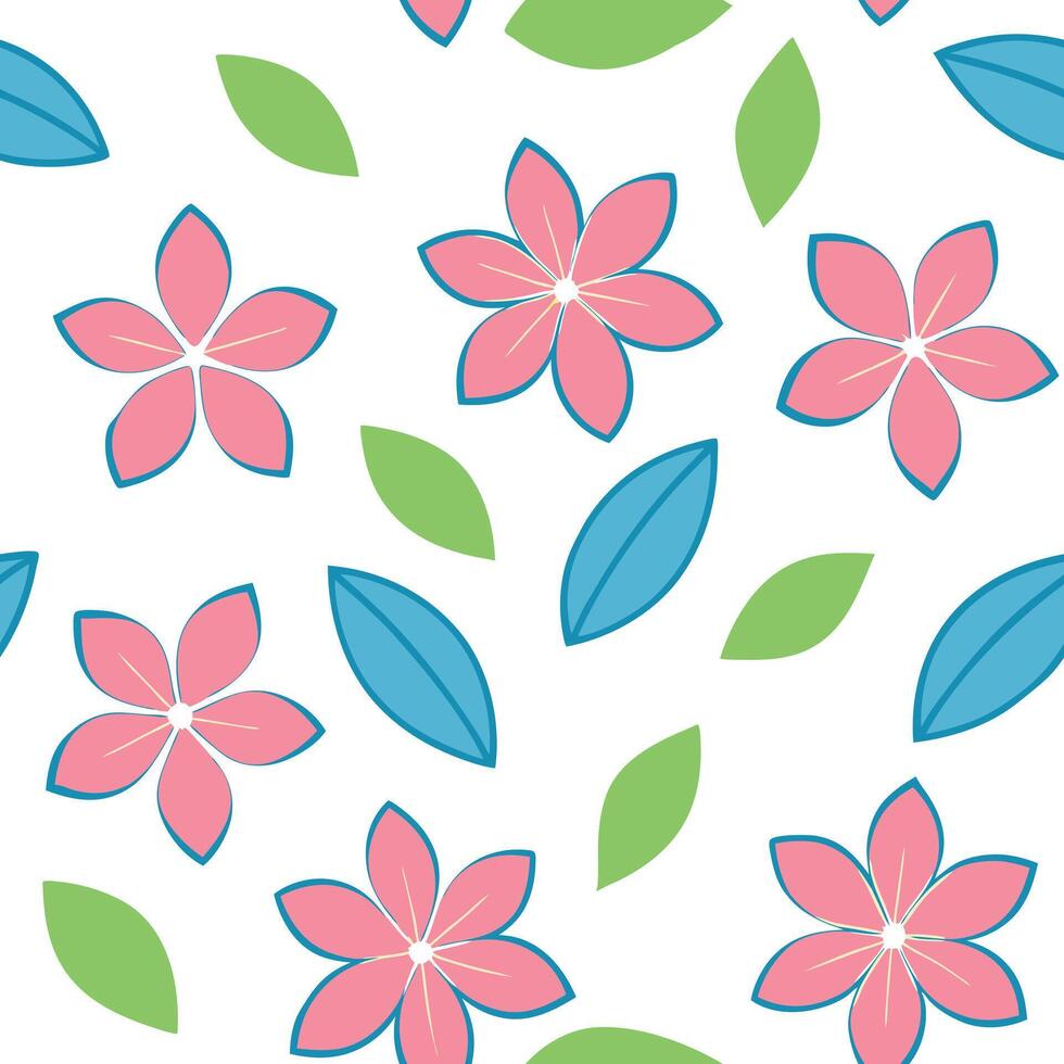 Pink Flowers, Green Leaves, Blue Leaves Seamless Pattern Design vector