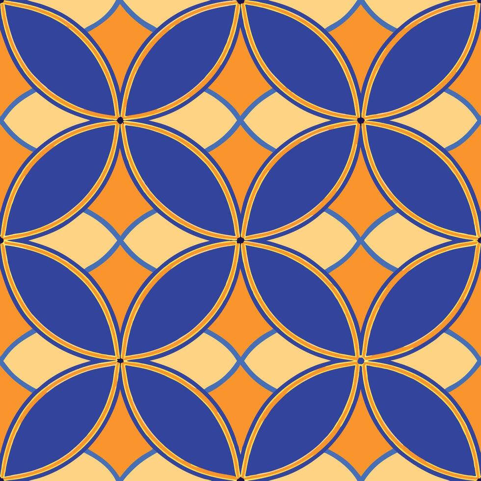 Abstract Geometric Seamless Pattern Orange, Blue, Circular Flower Design vector