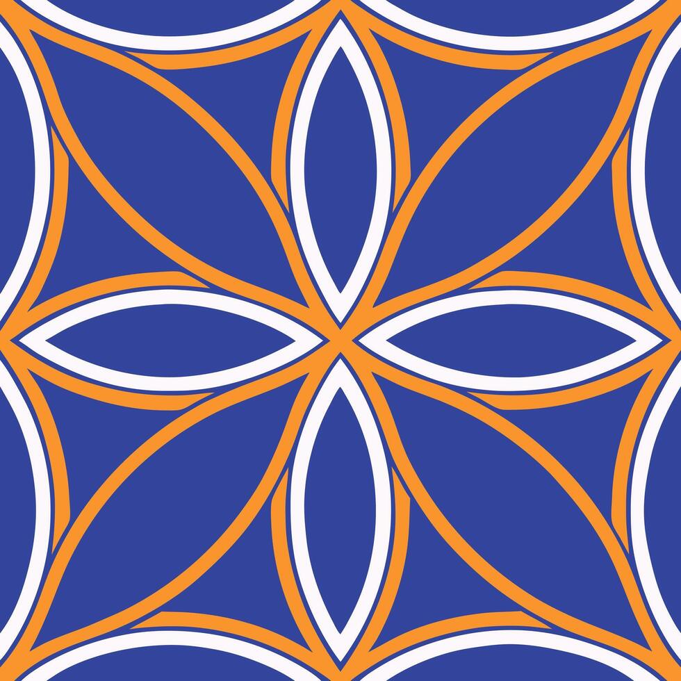 Abstract Geometric Seamless Pattern Blue, Orange, White Floral Design vector