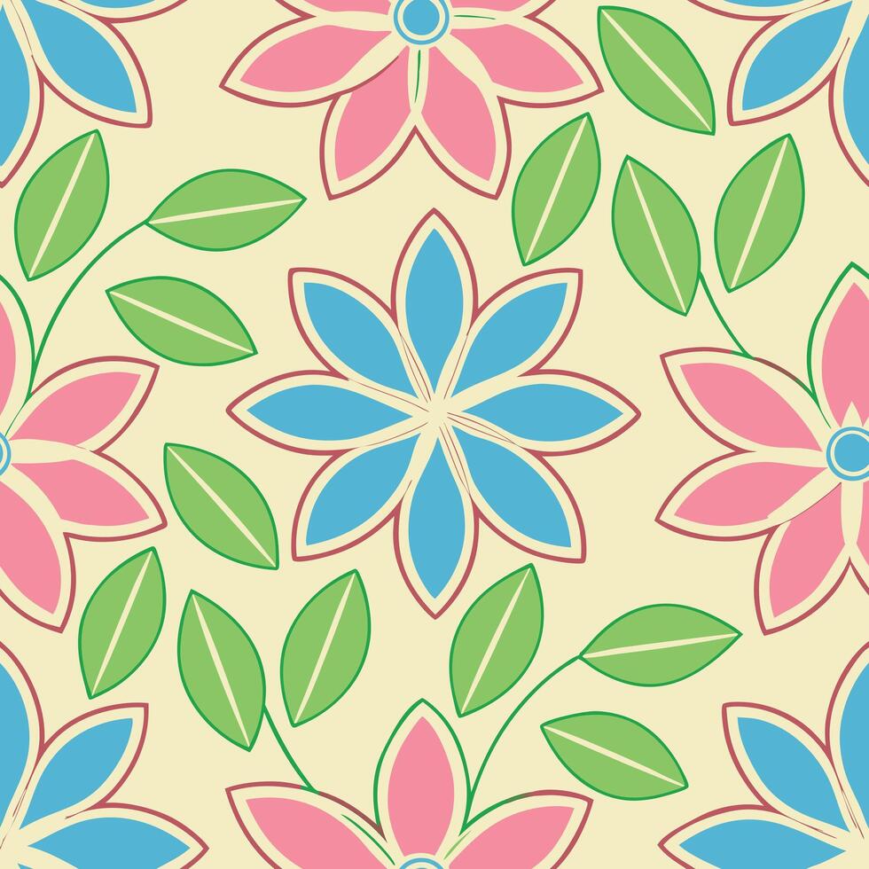 Pastel Floral Pattern Seamless Design with Pink, Blue Flowers and Green Leaves vector