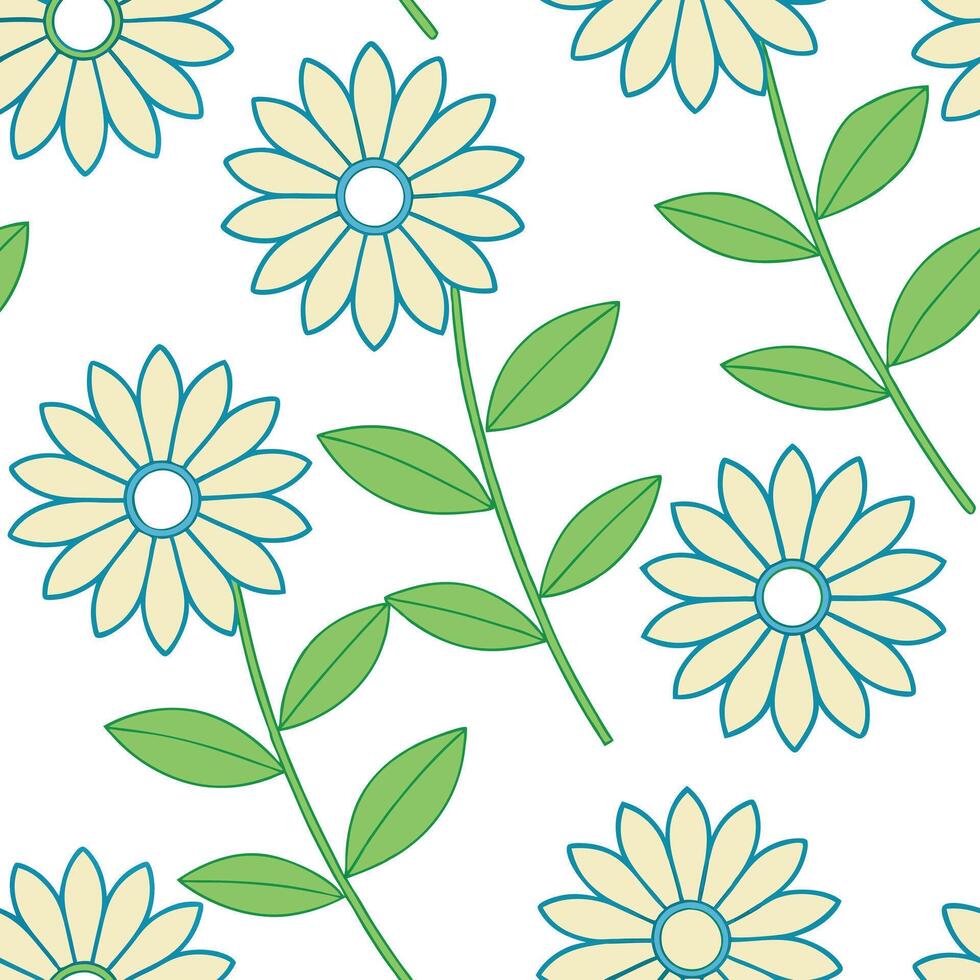 Seamless Pastel Flower Pattern Daisies, Leaves, Spring Bloom Design vector