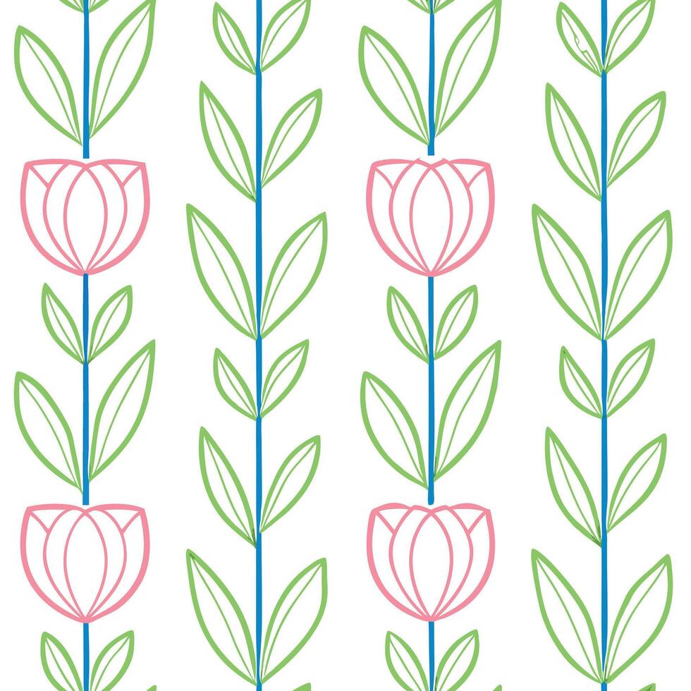 Pink Flower Stems Green Leaves Seamless Pattern Design vector