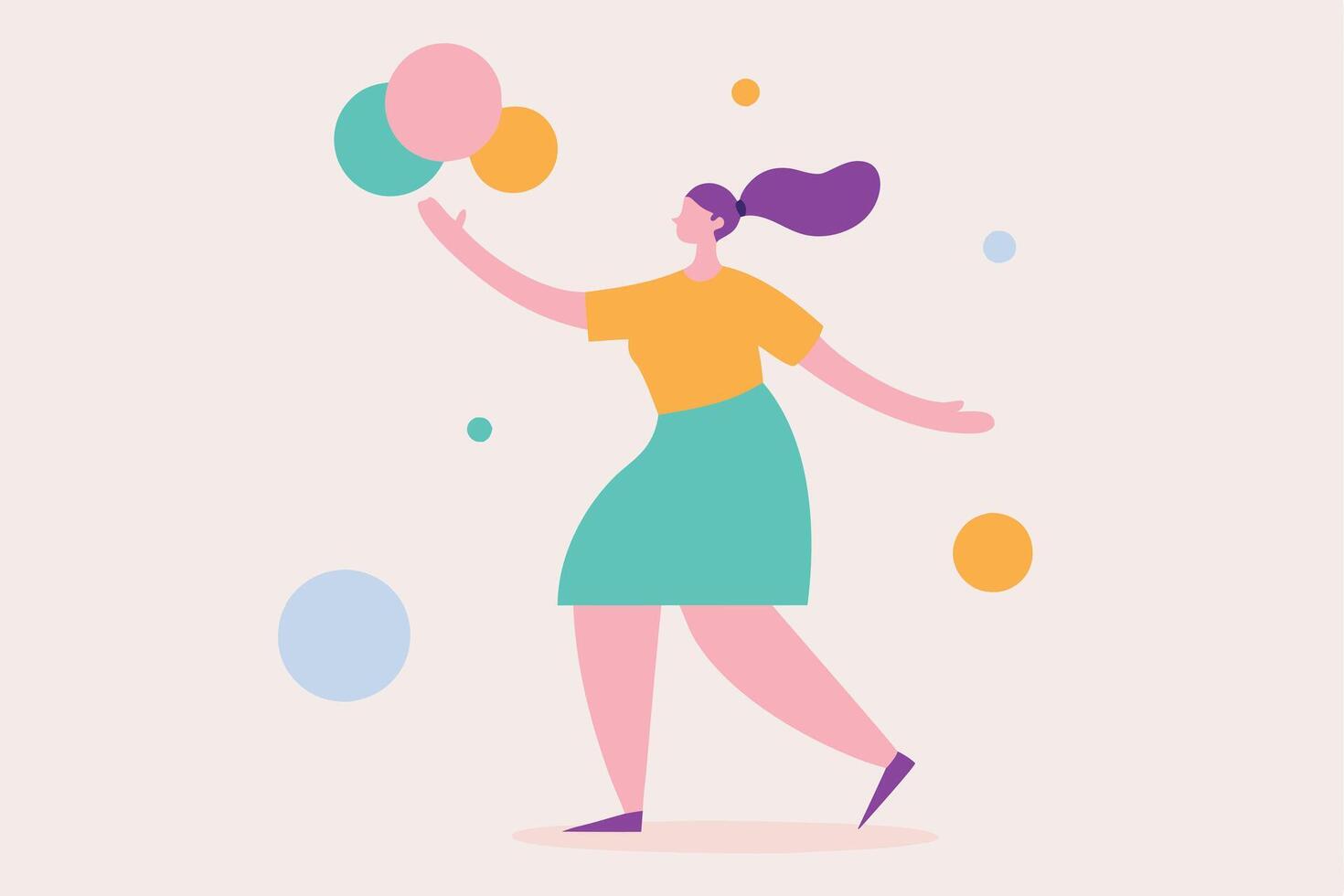 Woman Playing with Colorful Balls, Abstract Design, Joyful Movement, Creative Play, Modern Art Illuis vector