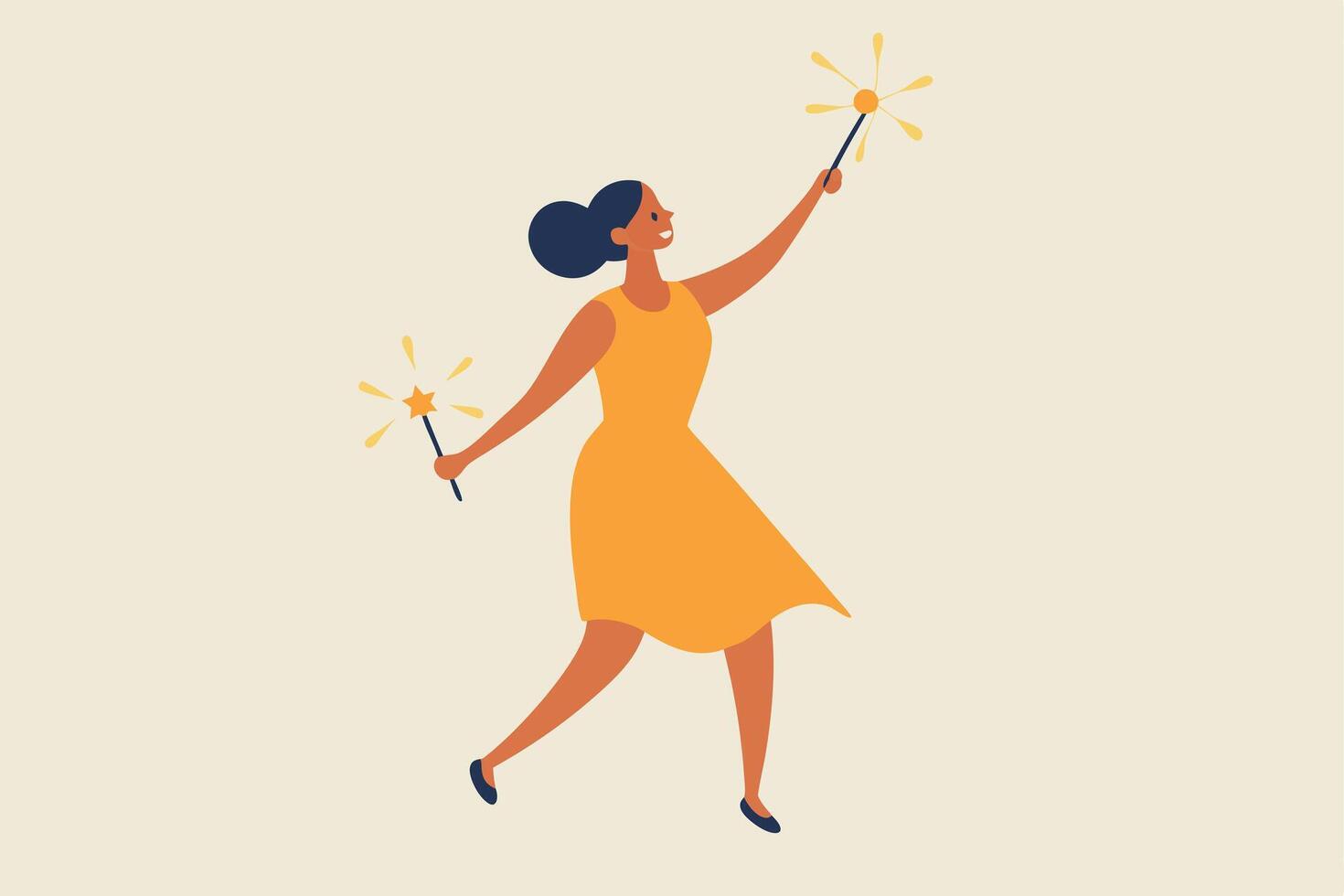 Joyful Woman Dancing with Sparkling Magic Wands Celebration vector