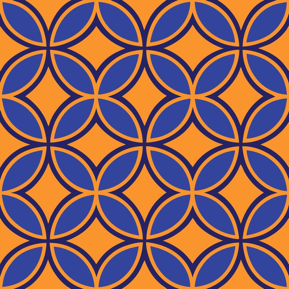 Geometric Orange Blue Floral Interlocking Circles Pattern Design vector