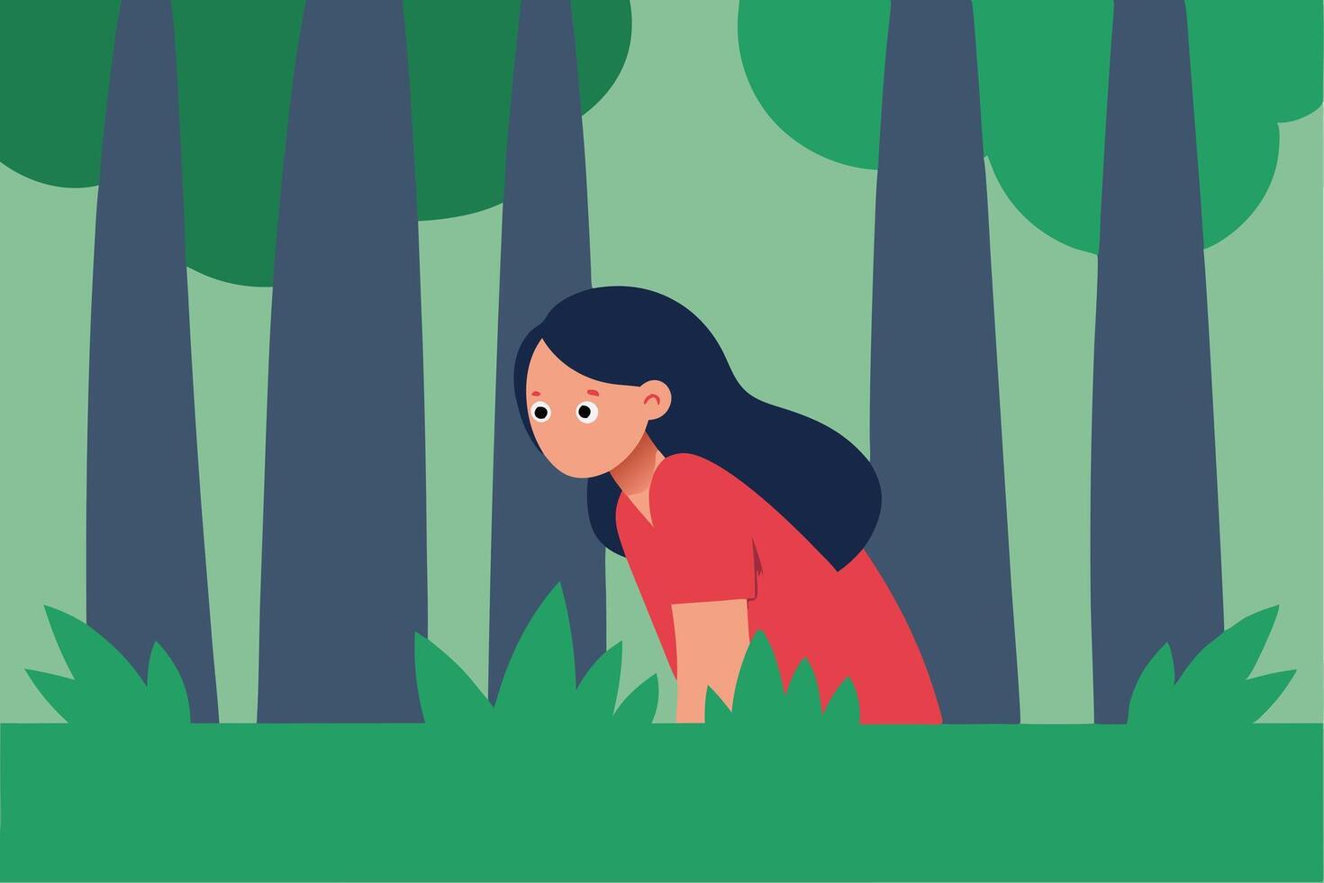 Girl Hiding in Forest, Nature, Trees, Green, Red Dress, Curious, Exploring, Secret, Observation, Whom vector