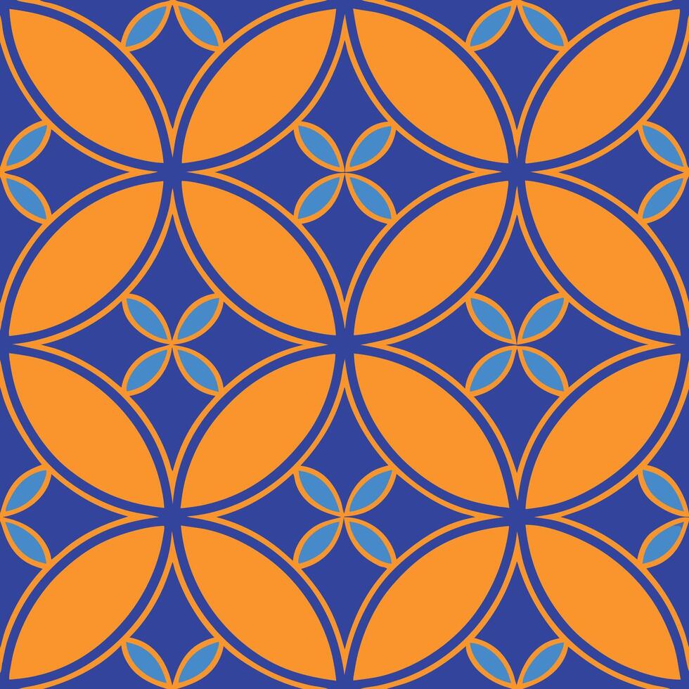 Geometric Orange Blue Floral Tile Pattern Seamless Design vector