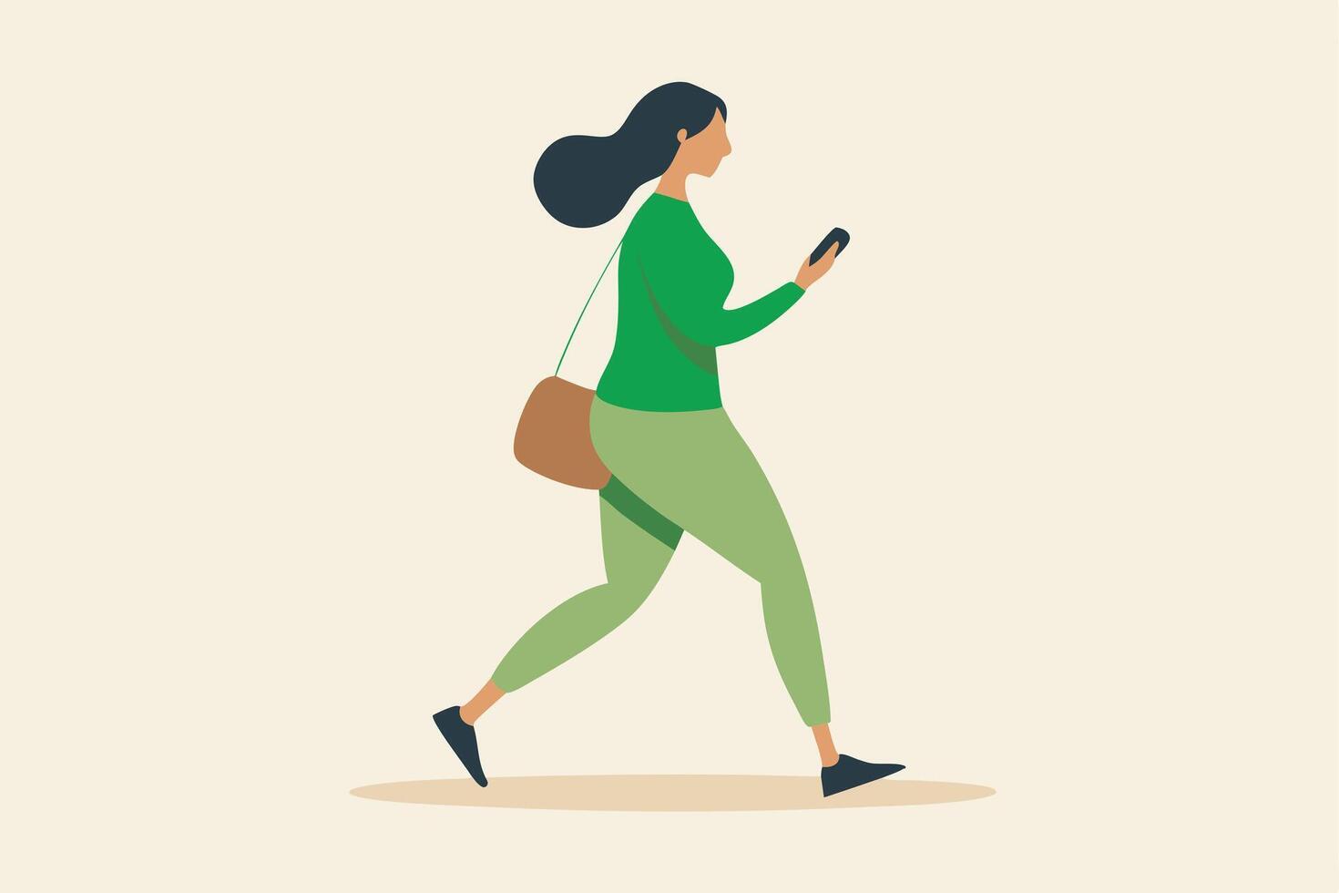 Woman Walking, Smartphone Use, Green Outfit, Casual Style, Side View, Bag, Modern Illustration, Dial vector