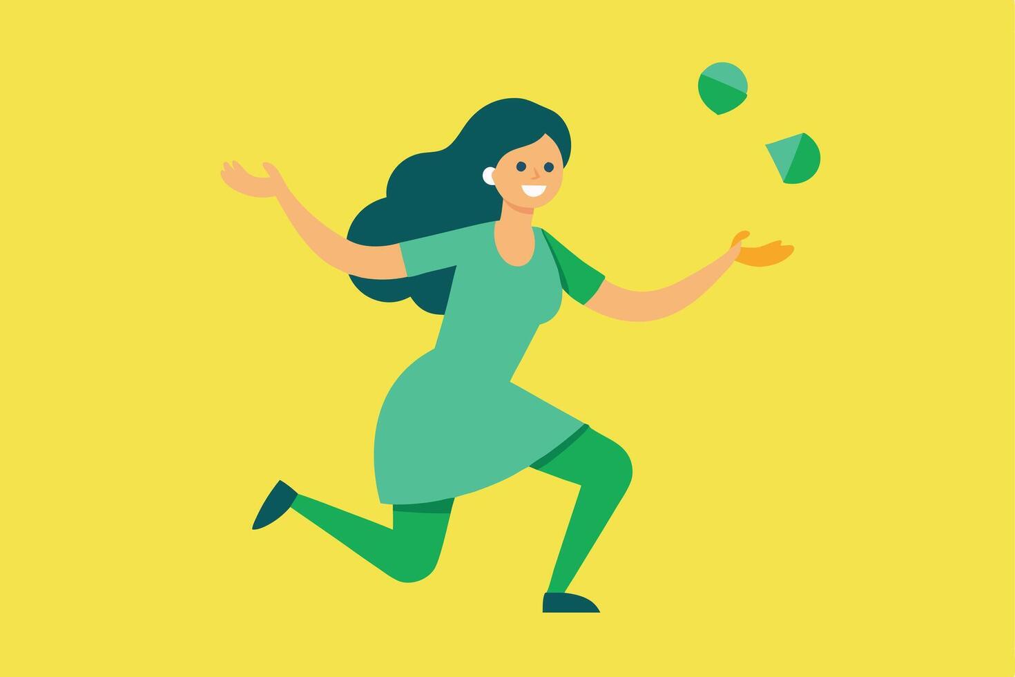 Joyful Woman Juggling Green Shapes, Dynamic Movement, Active Lifestyle vector