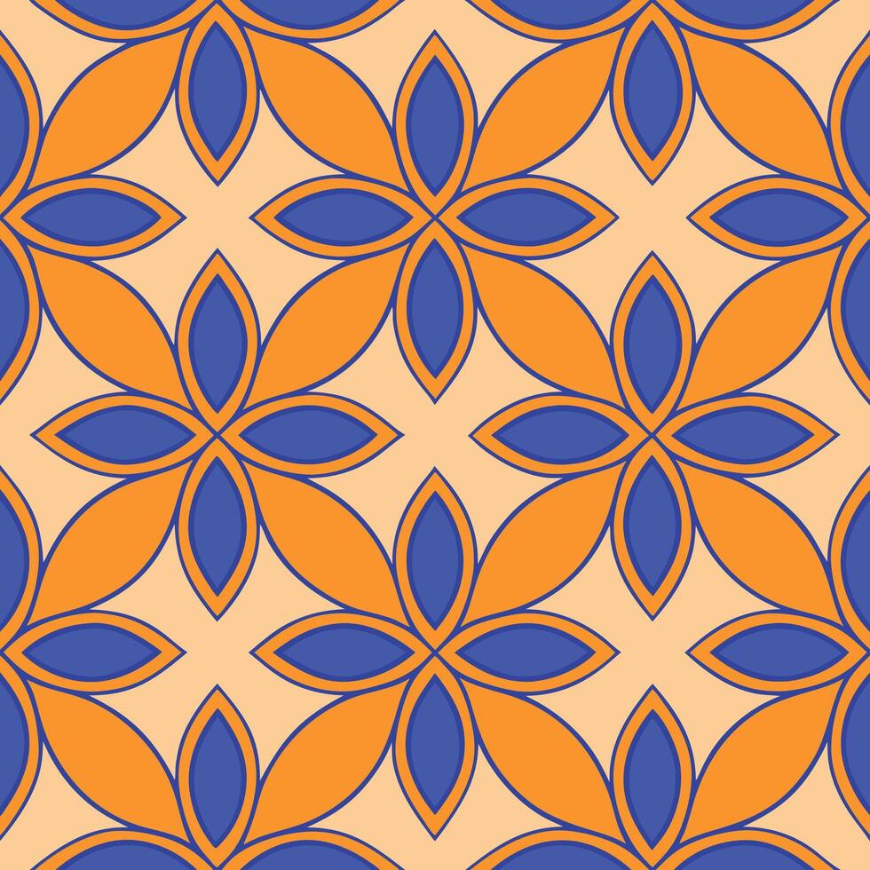 Orange Blue Floral Geometric Seamless Pattern Tile Design vector