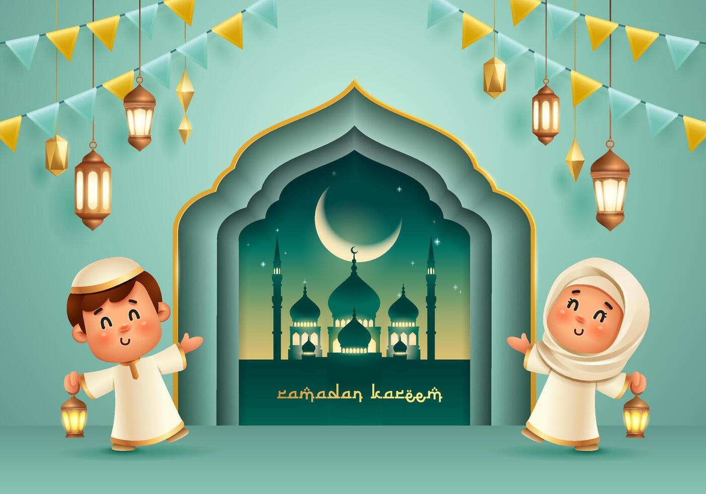 Ramadan Kareem Celebration Islamic Kids with Lanterns and Mosque Background vector