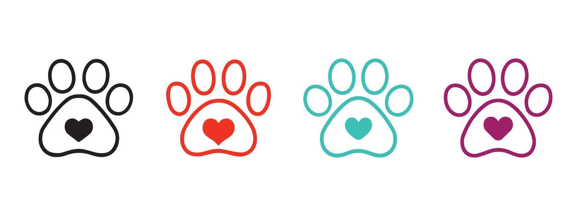 pet paw outline icon symbol with heart icon inside vector