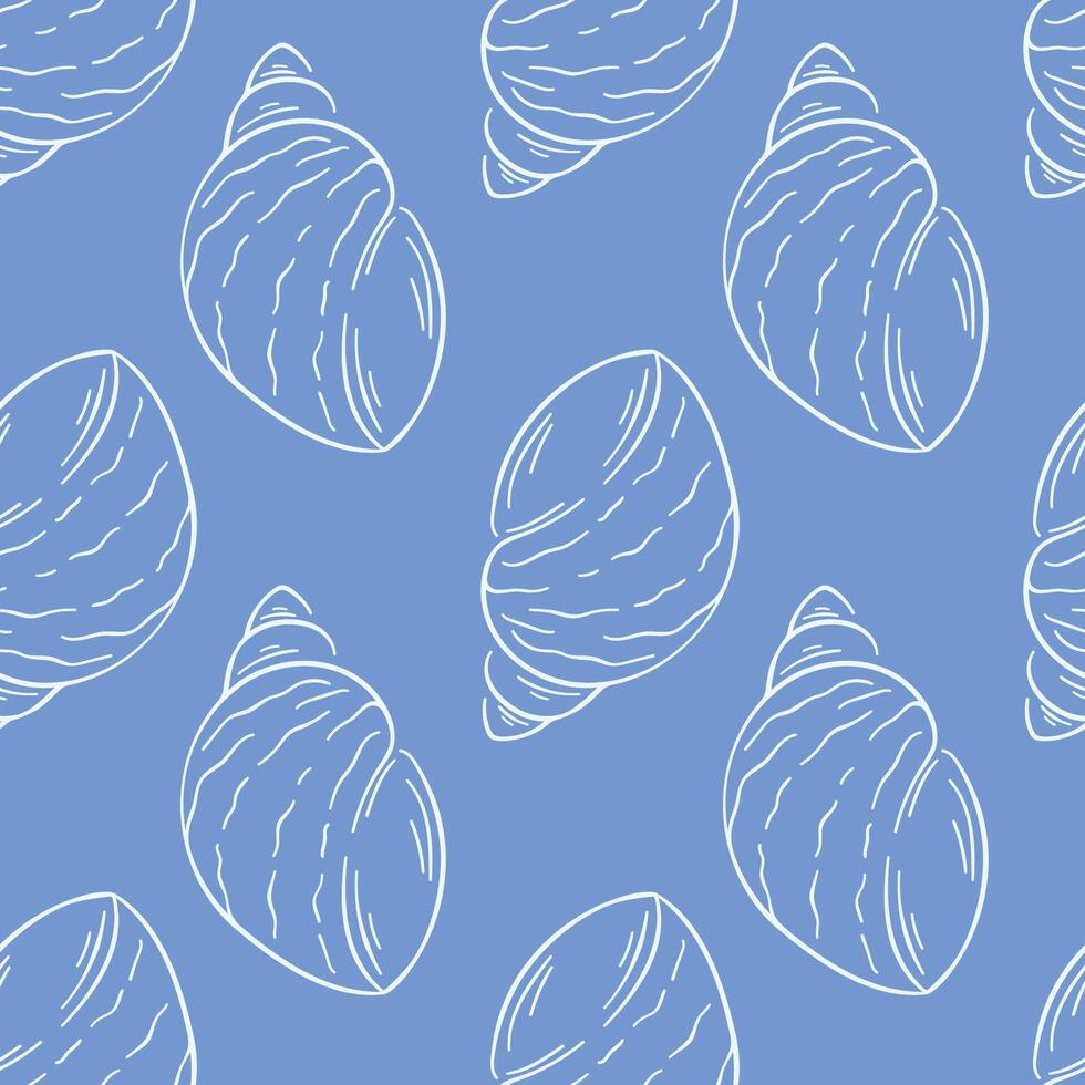 Seamless seashell line art pattern on a blue background. Elegant nautical design perfect for textile, wallpaper and summer themed projects. vector