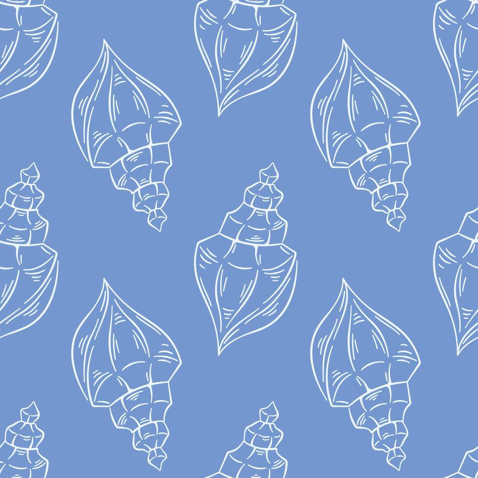 Seashell seamless pattern in line art style. Undersea repeat texture on blue background. Summer design for textile fabric design, restaurants. illustration on a white background. vector