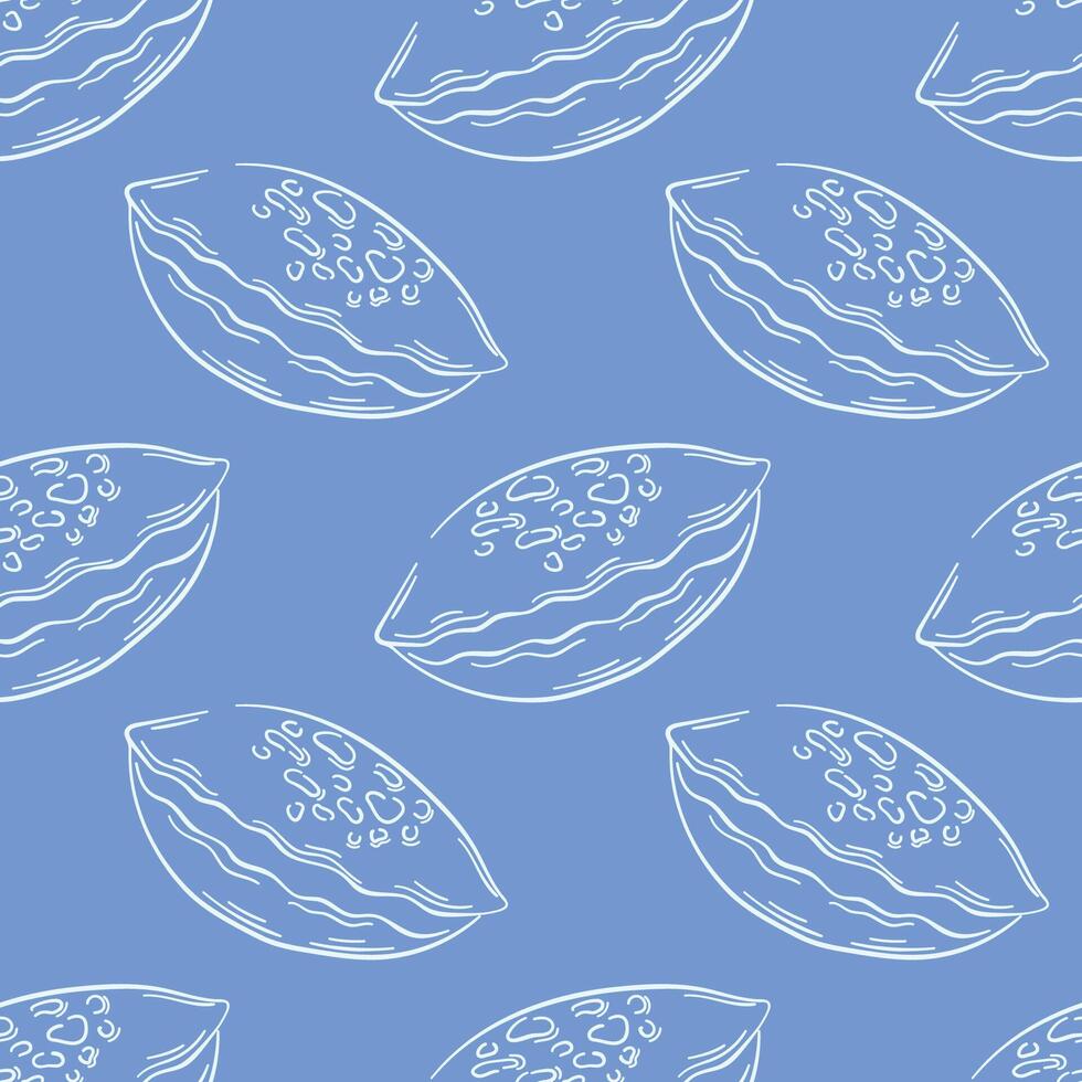 Seashell seamless pattern in line art style on blue background. Undersea design for textile, package, fish restaurant. illustration. vector