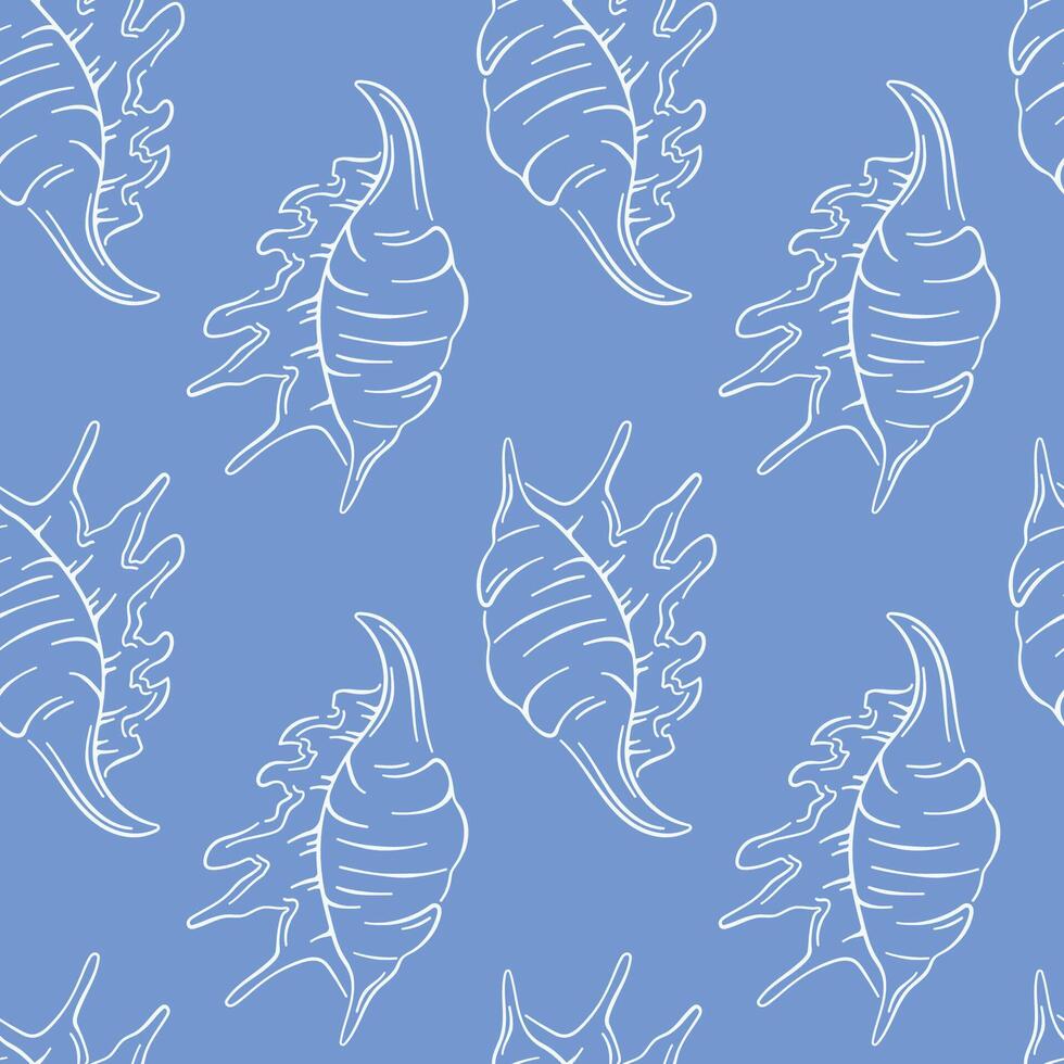 Seamless line art style pattern with decorative seashell on a blue background. Perfect for marine themed design, fabric, wallpaper, and summer projects. vector