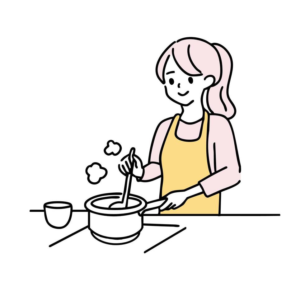 Minimalist duotone illustration of a happy cooking woman holding a pot with steam Simple kawaii line art. vector