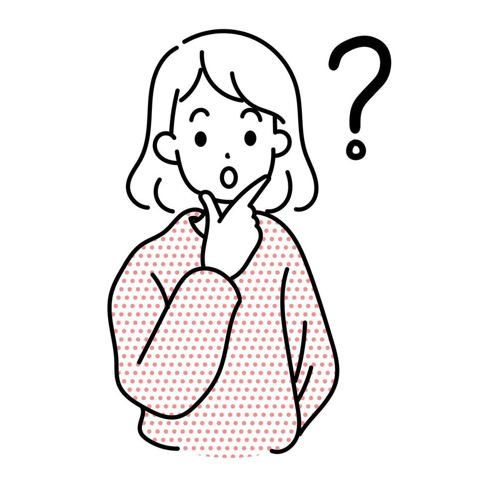 Minimalist duotone illustration of a curious girl in a polka-dot sweater with a question mark. Simple kawaii style , perfect for educational or problem-solving concepts. vector