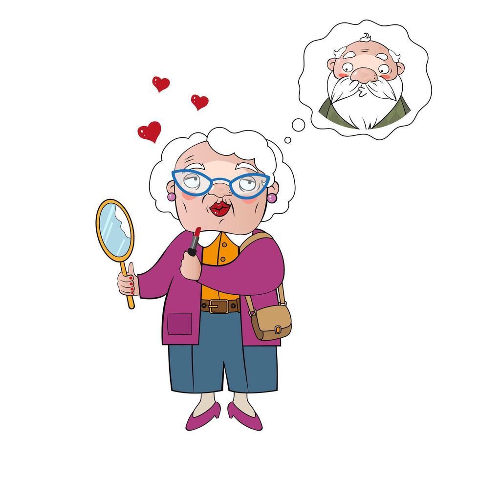 Grandma is going on a date. Couple in love. Valentines day greeting card, banner, cover, older generations. vector