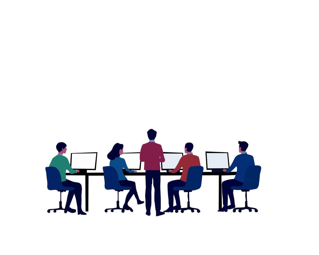 Illustration of a professional team working together in an office environment. Collaborative teamwork, modern workspace, and technology-focused productivity concept vector
