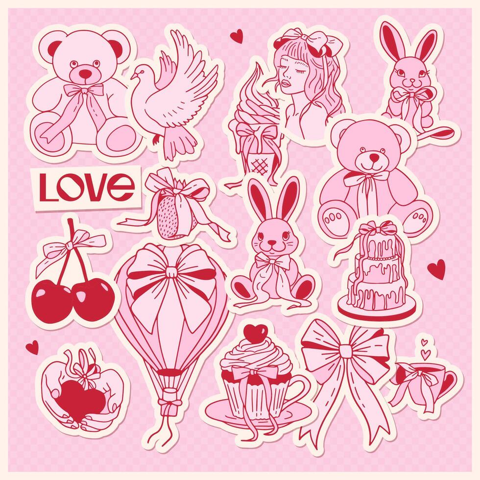 Coquette valentine's day clipart. Cute y2k romantic girly aesthetic stickers set. Vintage elements with crafts Bows, pink ribbon. Contour linear hand drawn illustration. vector