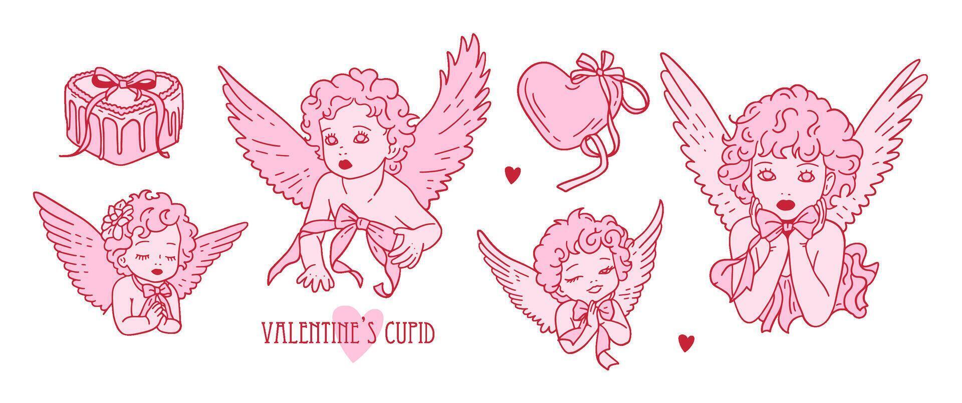 Valentine cupids set, pink cute baby angels wit wings. Romantic child cartoon characters, heaven girls with wings coquette print. contour hand drawn illustration vector