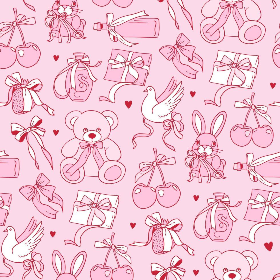 Coquettish Valentine seamless pattern with hand drawn Cherries , teddy, dove and gift with pink bows, hearts. Vintage design for wrapping paper and fabric vector