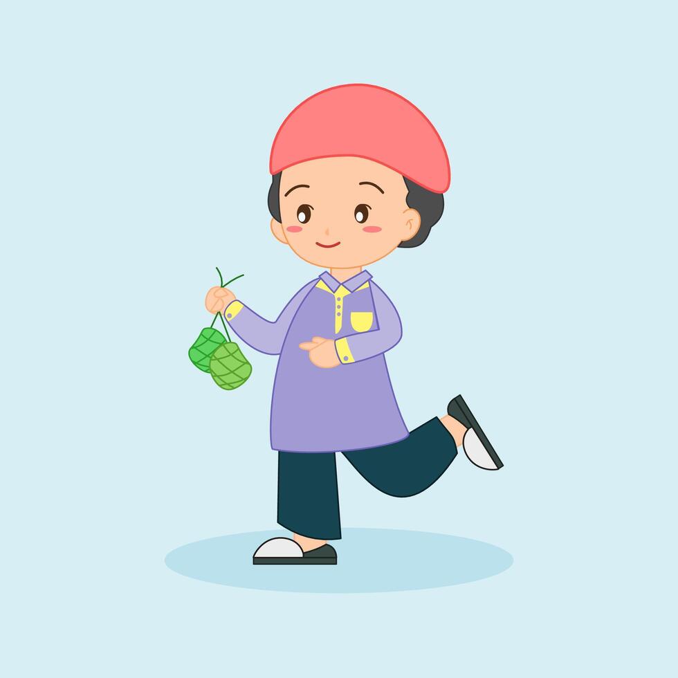 a cartoon boy holding a Ketupat vector