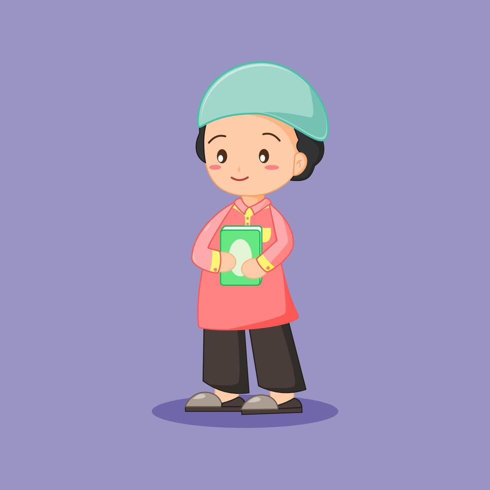 Muslim boy holding Quran on purple background vector