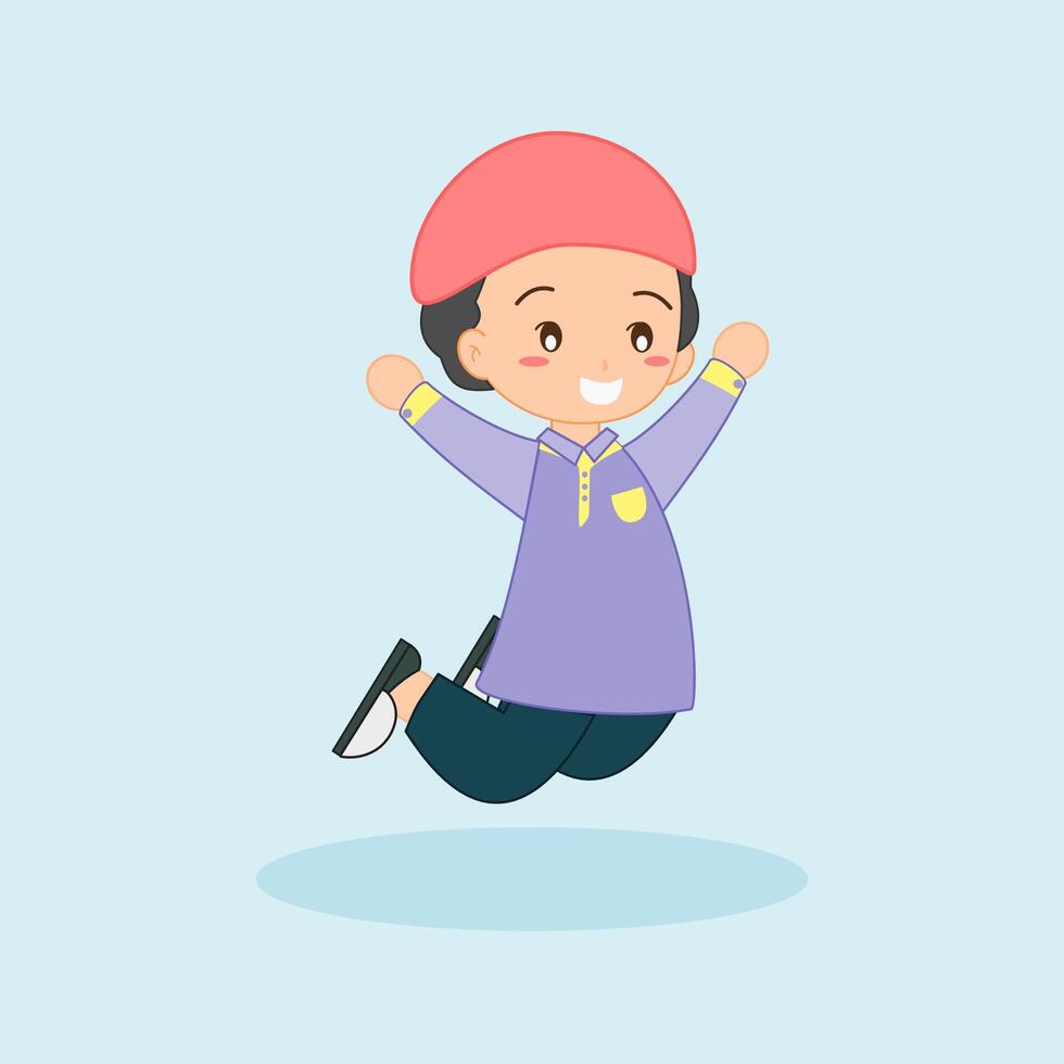 a cartoon muslim boy jumping in the air vector