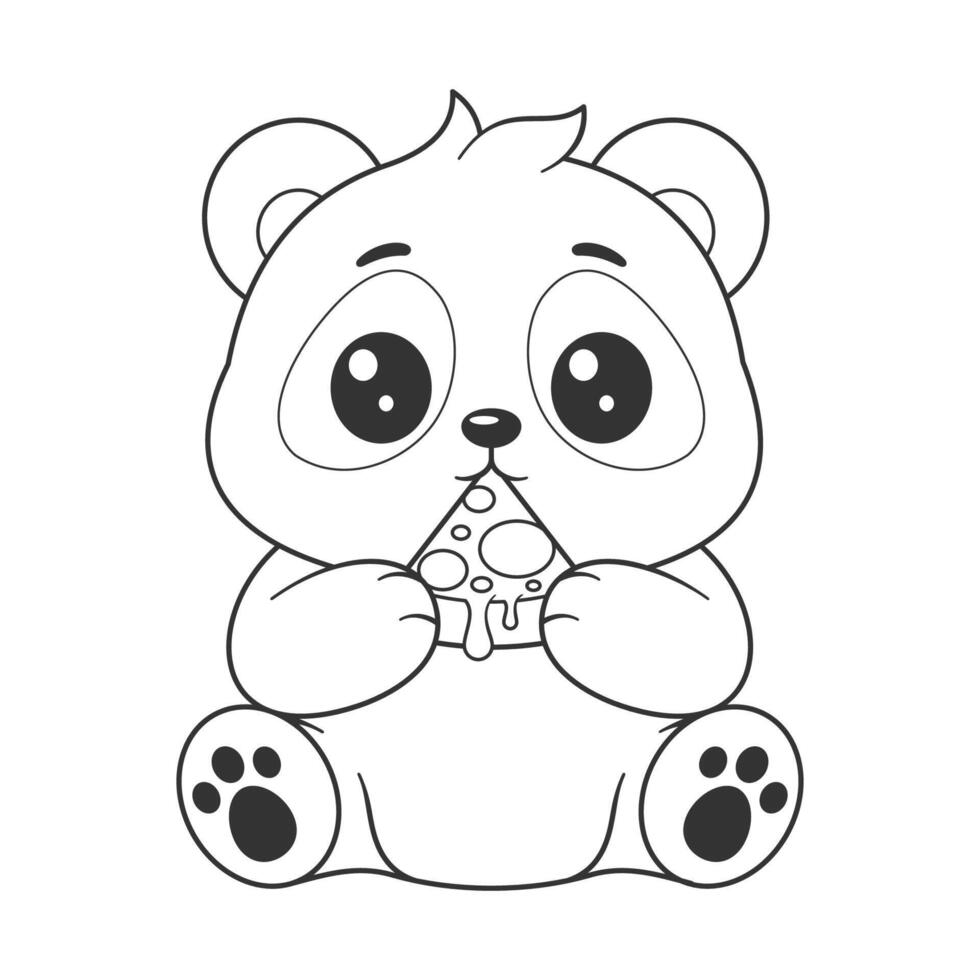 Cute panda eating a small piece of pizza for coloring vector