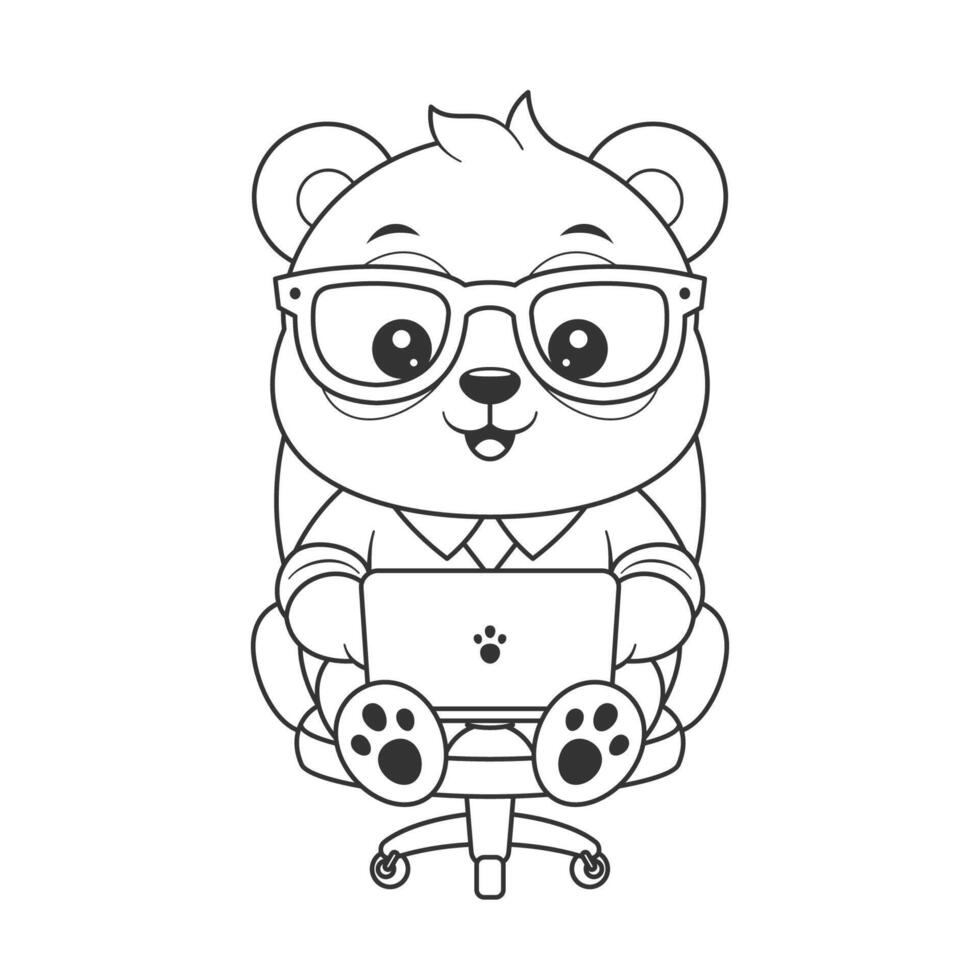 Cute panda is working in front of a laptop for coloring vector