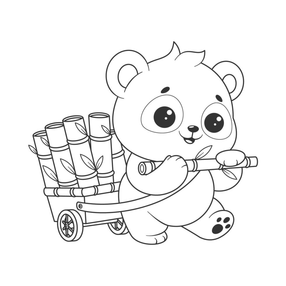 Cute panda is carrying a lot of bamboo for coloring vector