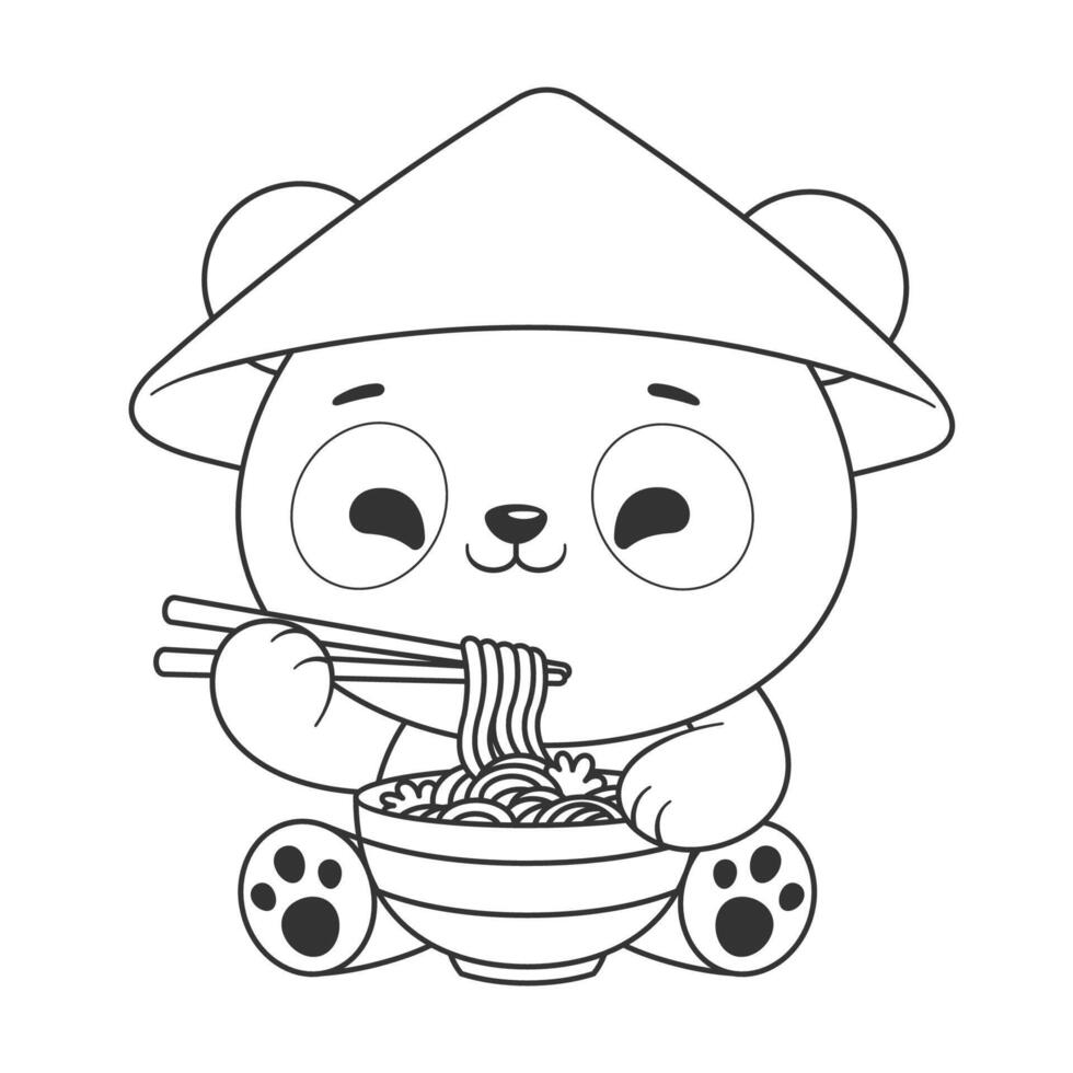 Panda sits and eats ramen using chopsticks for coloring vector