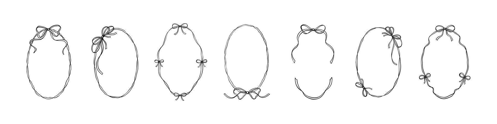 Oval girly ribbon frame set. Coquettish hand drawn cute line doodle border. Romantic wedding, birthday, Valentines day card, bachelorette party, la dolce vita restaurant menu vintage background vector