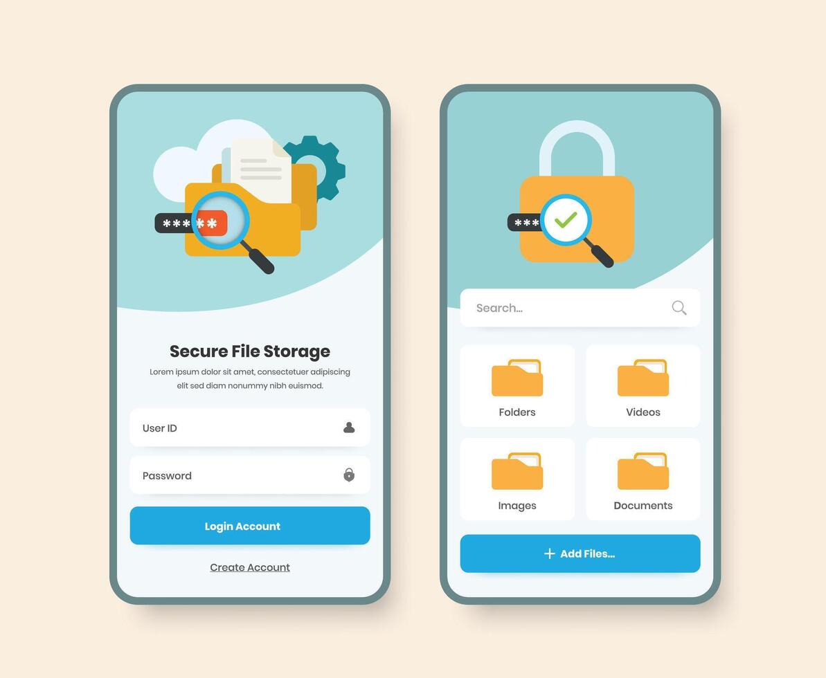 Secure file storage app screen design with security and safety folder representative illustrations vector