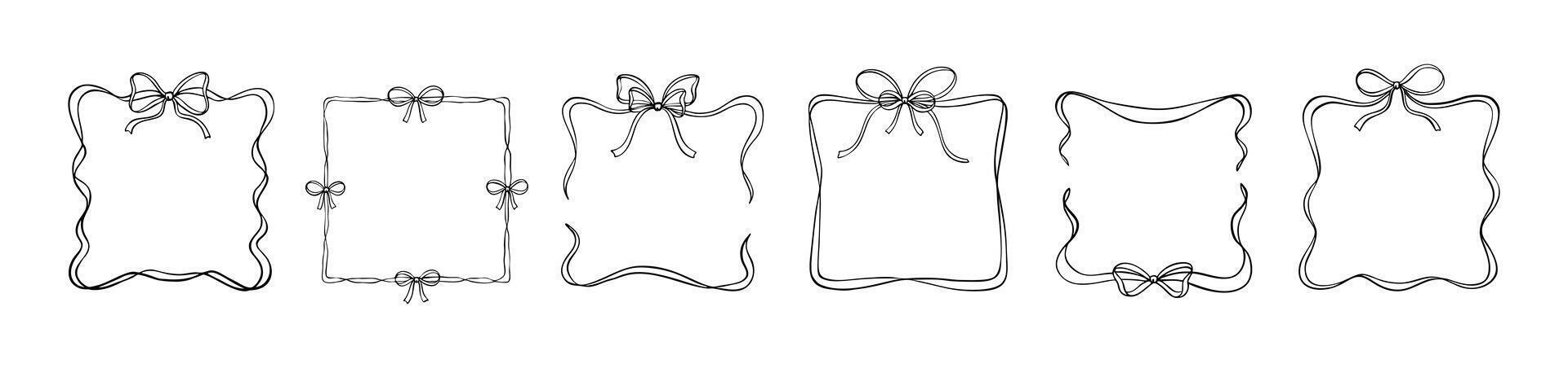 Square bow ribbon frame collection. Hand drawn charcoal border. Cute line crayon doodle drawing. Modern minimalist art. Coquette elegant romantic design element for Valentines Day, Wedding, Birthday vector