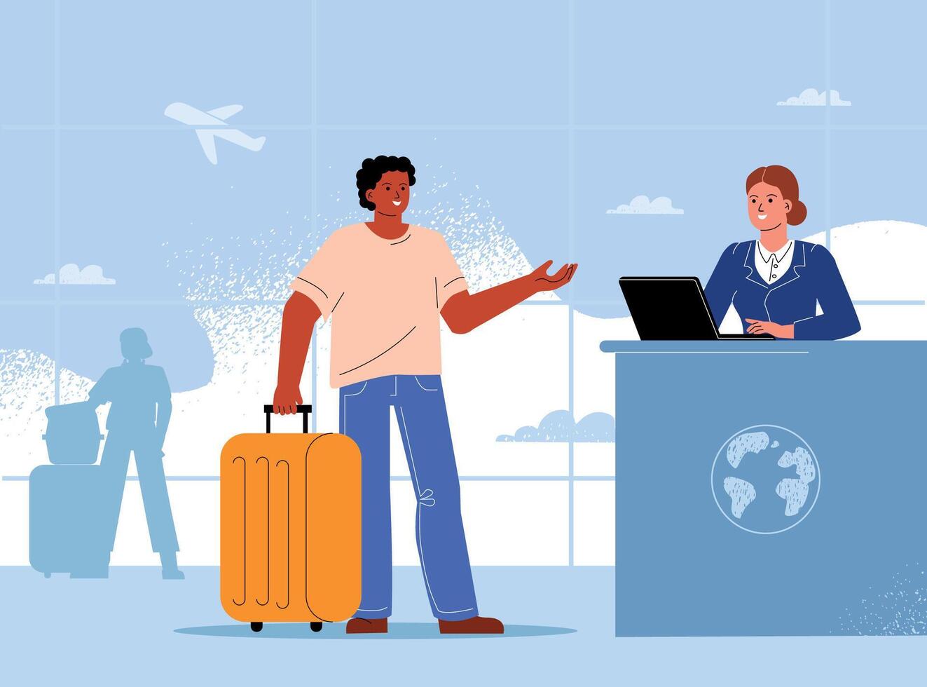 A passenger with luggage at the check-in, a smiling airport employee helps a tourist. vector