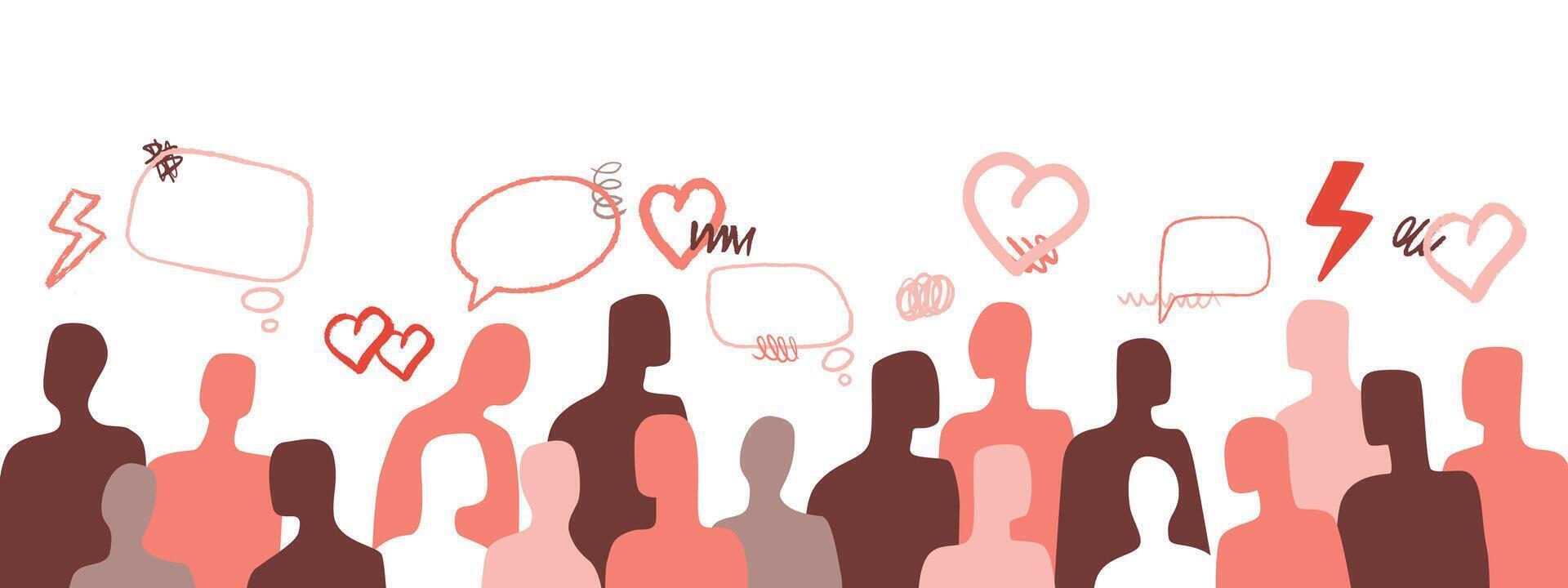 A minimalistic illustration depicting a group of people with hand-drawn hearts and dialogue bubbles above them. The concept of love and unity. vector