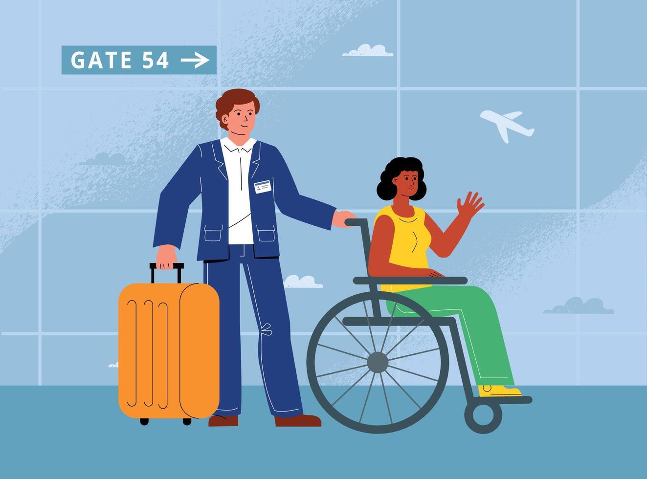 An airport employee accompanies a disabled girl on a flight. Personal assistance and service during the flight for a person with limited mobility. vector