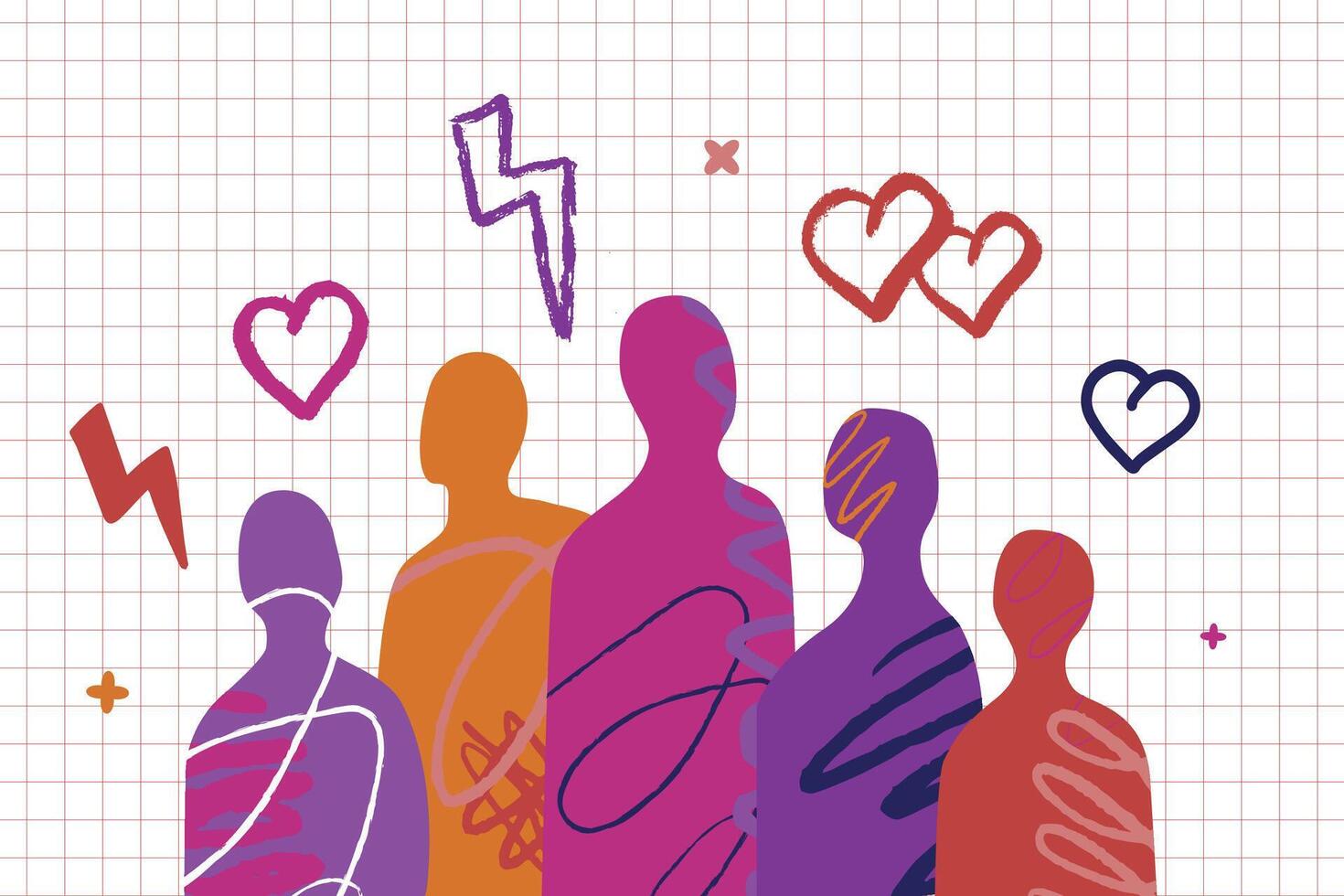A group of bright abstract people standing together surrounded by hearts and lightning bolts. A symbol of love, unity, friendship, and tenderness. vector