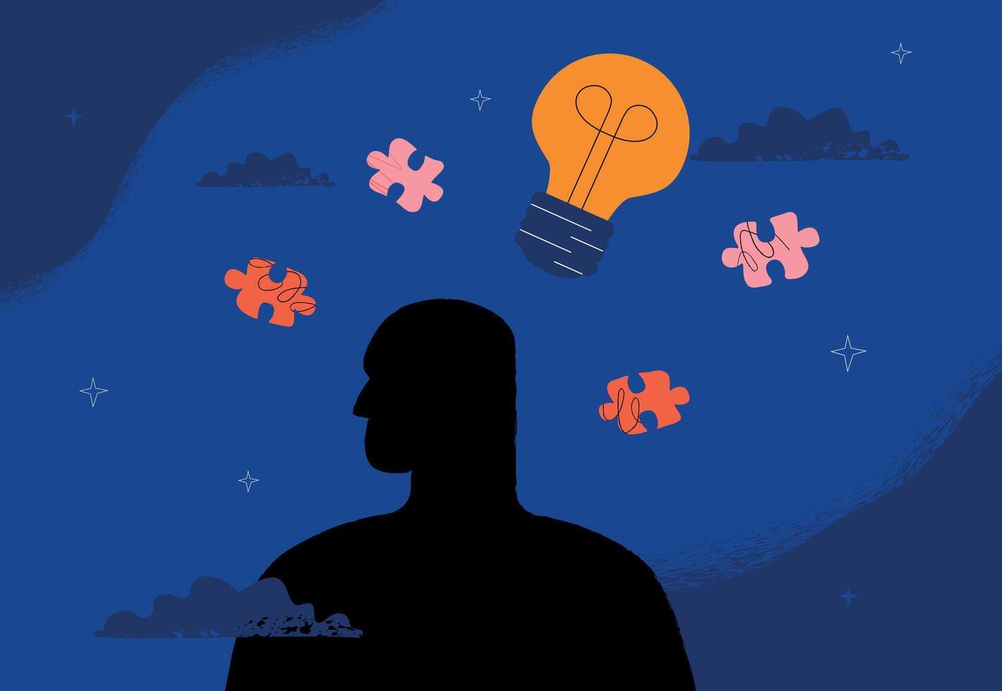 The silhouette of a human head against the night sky, surrounded by a burning lamp and puzzle pieces. The symbol is the process of brainstorming, generating ideas and solving problems. vector
