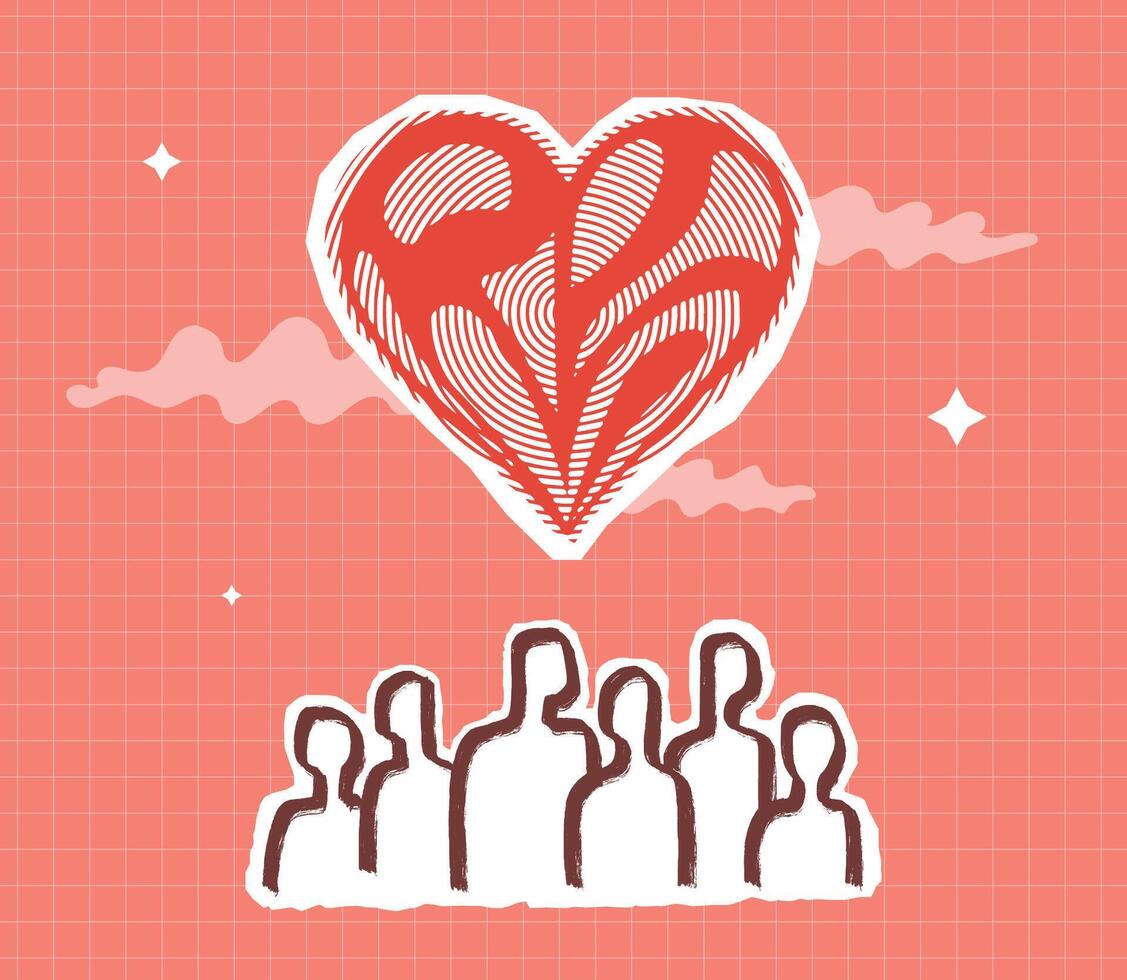 A minimalistic illustration depicting a group of people and a giant heart above them. A symbol of unity, hope and love. vector
