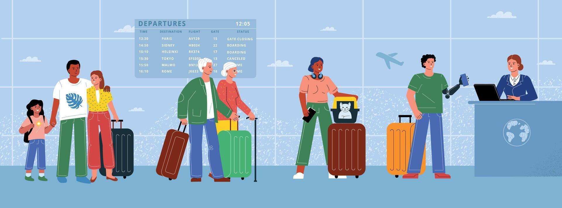 A queue of various people to check in at the airport, a man with a prosthesis, a single woman, a couple of pensioners, a family with a child. vector
