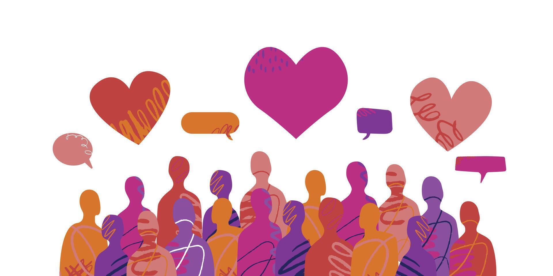 A bright and colorful illustration depicting an abstract group of people. Hearts and speech bubbles are depicted above the crowd, a symbol of unity, love and interaction. vector