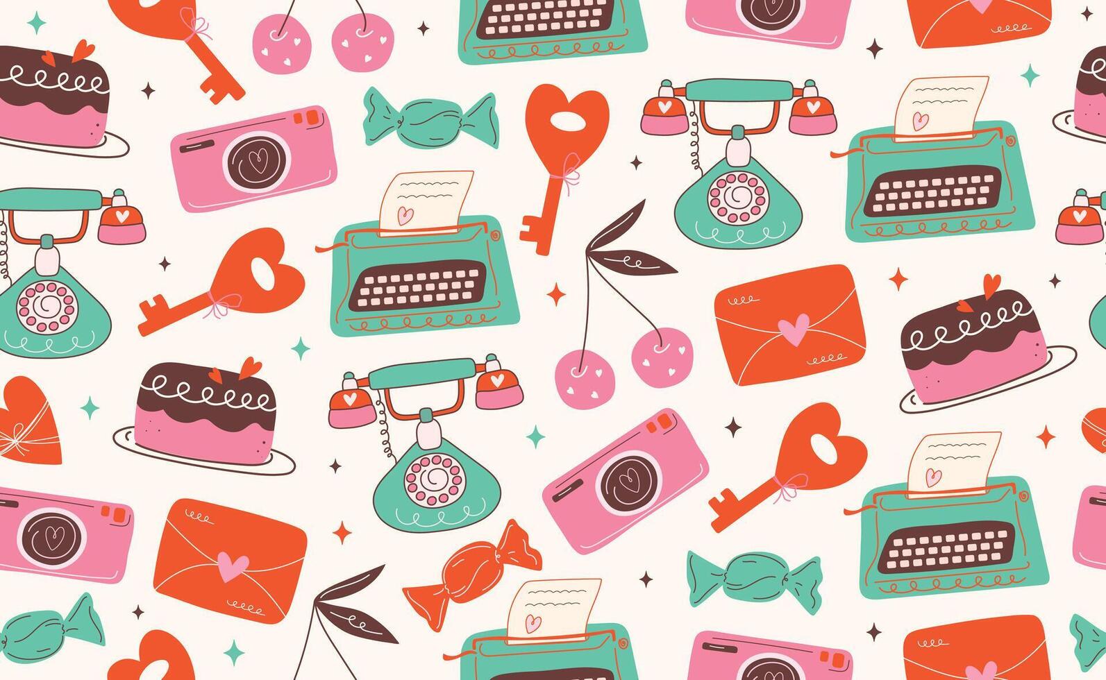 Valentines day seamless pattern. Hand drawn groovy cartoon sticker elements. Coquette collection with heart, cherry. Funky Saint Valentine design in flat style. Isolated illus vector