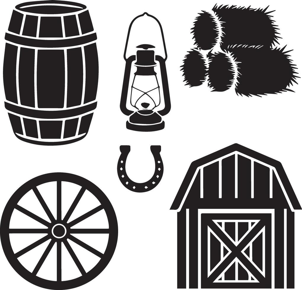 A design element set of wooden barrel, a haystack, a lantern, a wagon wheel, a horseshoe vector