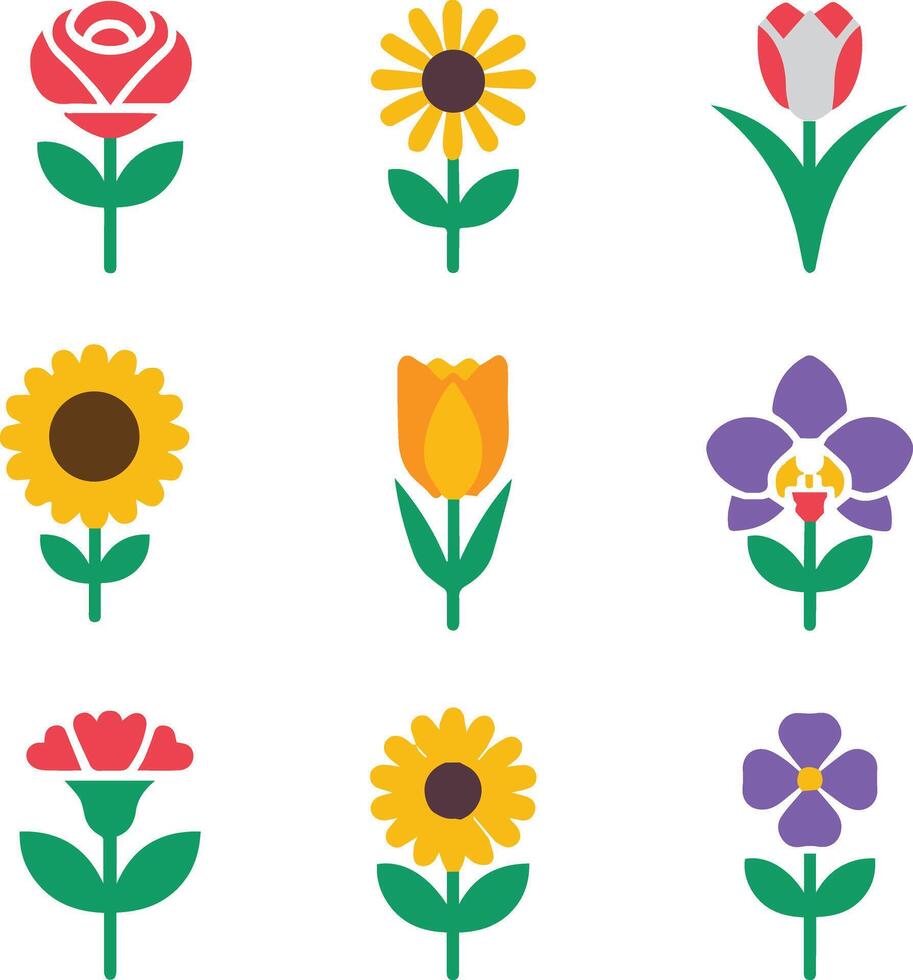 Unique flat color flower icon set. vector