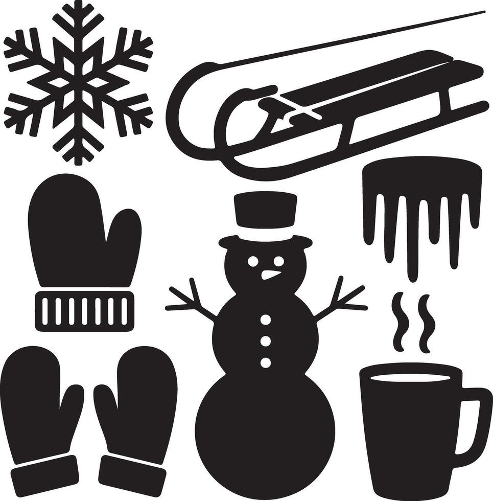A set of design elements in silhouette style. There is a snowflake, sled, snowman, icicle, mittens, and a hot chocolate mug vector