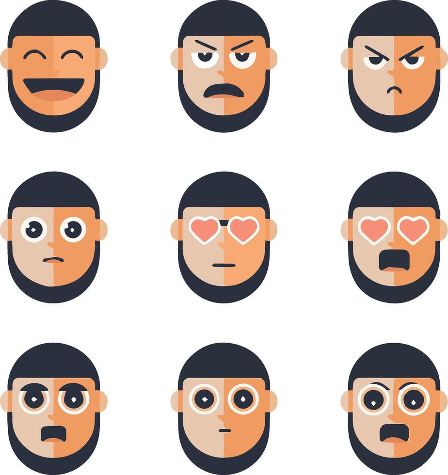 A set of flat illustration icons representing various human expressions isolated on a white background vector